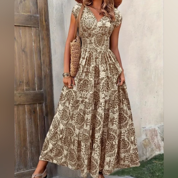 Amazon Dresses & Skirts - ASISOL Women's V-neck Floral Print Short Sleeved Long Skirt with Slit Size Small